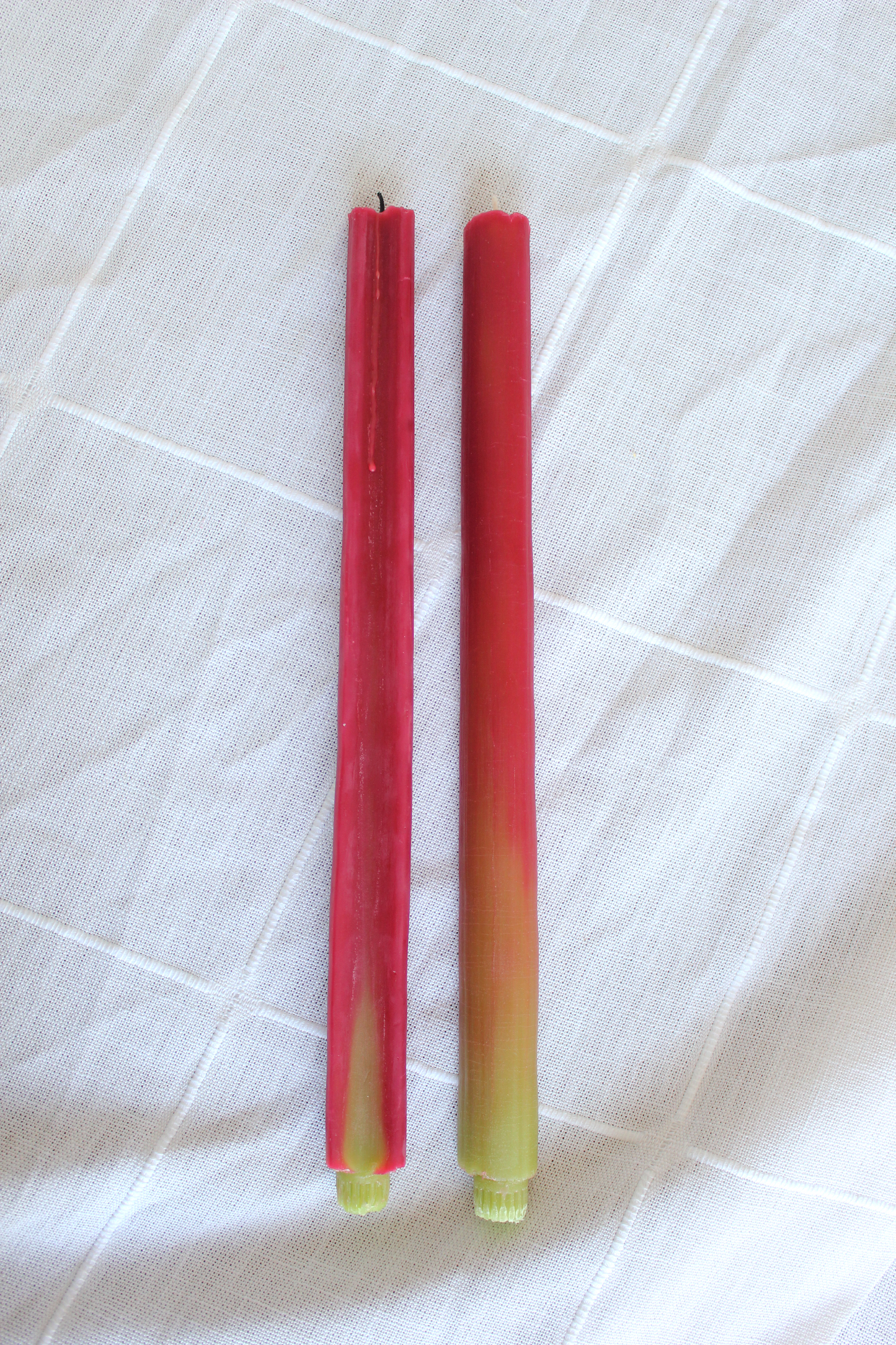RHUBARB TAPER BEESWAX CANDLES PAIR