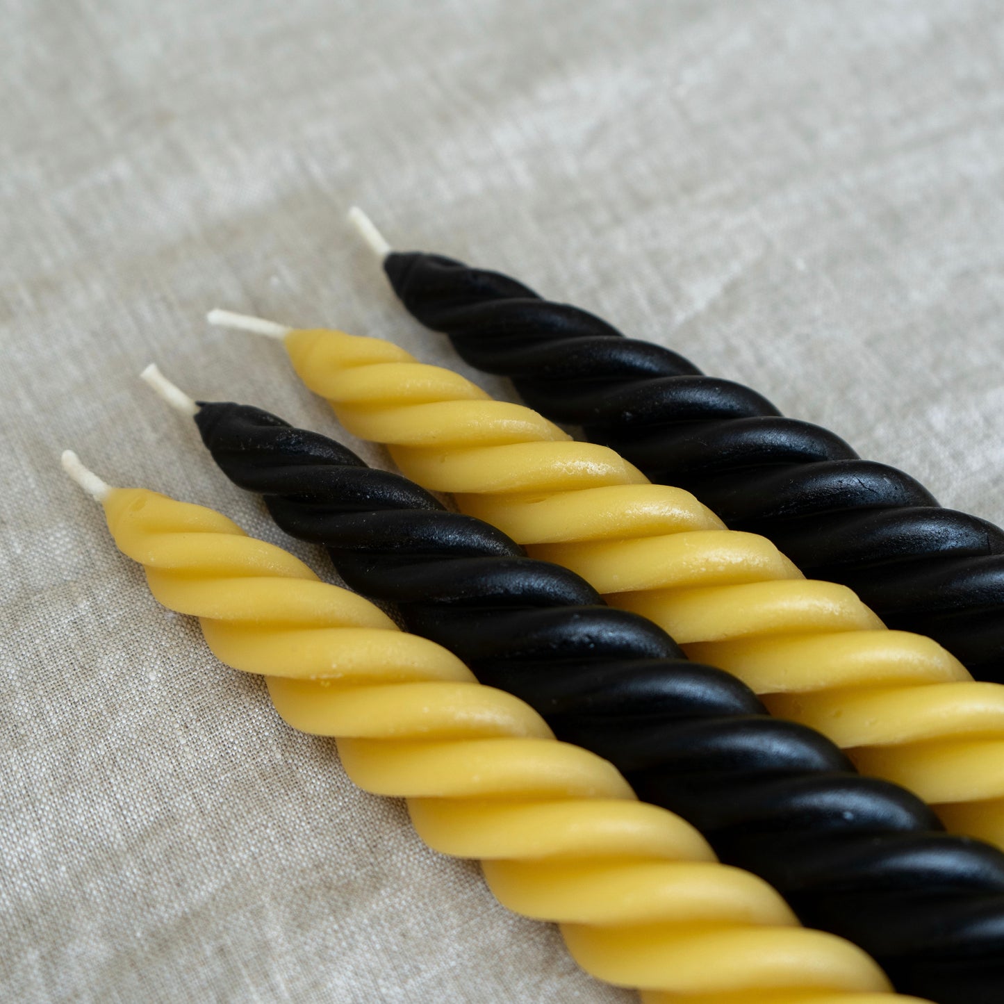 Black & Yellow Beeswax Spiral Dinner Tapers - Set of 4