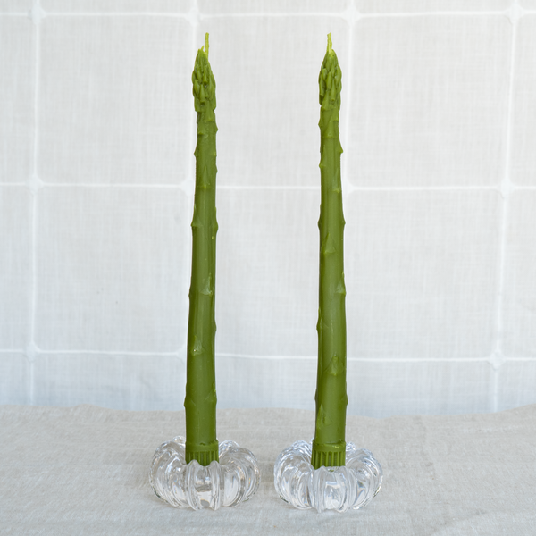 Asparagus Beeswax Taper Candles, set of 2, hand-poured 100% pure beeswax tapers cast from real asparagus, 9 inches tall, by Happy Organics