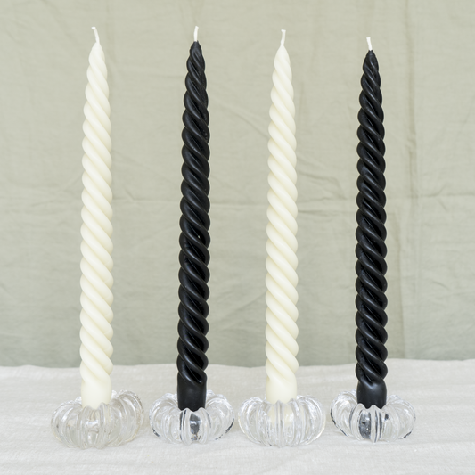 Black & White Beeswax Spiral Dinner Tapers - Set of 4
