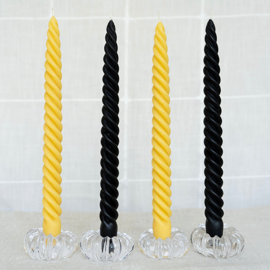 Black & Yellow Beeswax Spiral Dinner Tapers - Set of 4