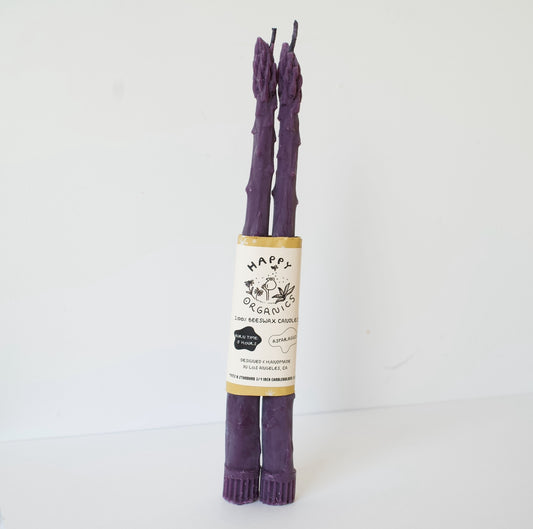 *IMPERFECT* PURPLE ASPARAGUS TAPER BEESWAX CANDLES PAIR