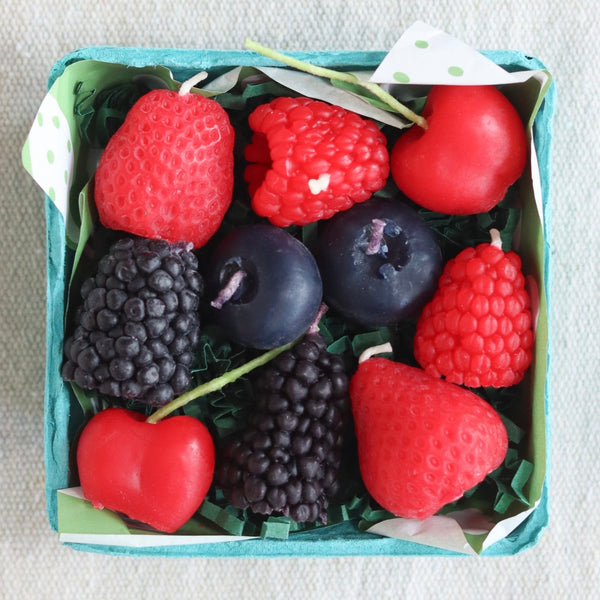 Mixed Berry Birthday Candles close-up, showing realistic berry shapes and natural stem wicks, handmade in Los Angeles by Happy Organics