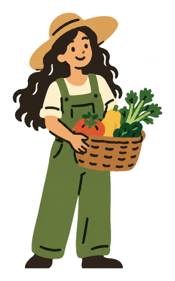 Happy Organics farmer welcoming you with a basket of fresh produce